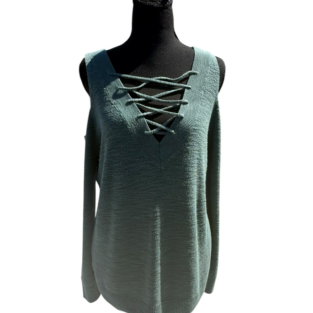 Express Lace-Up Cold-Shoulder V-Neck Sweater in Teal Green